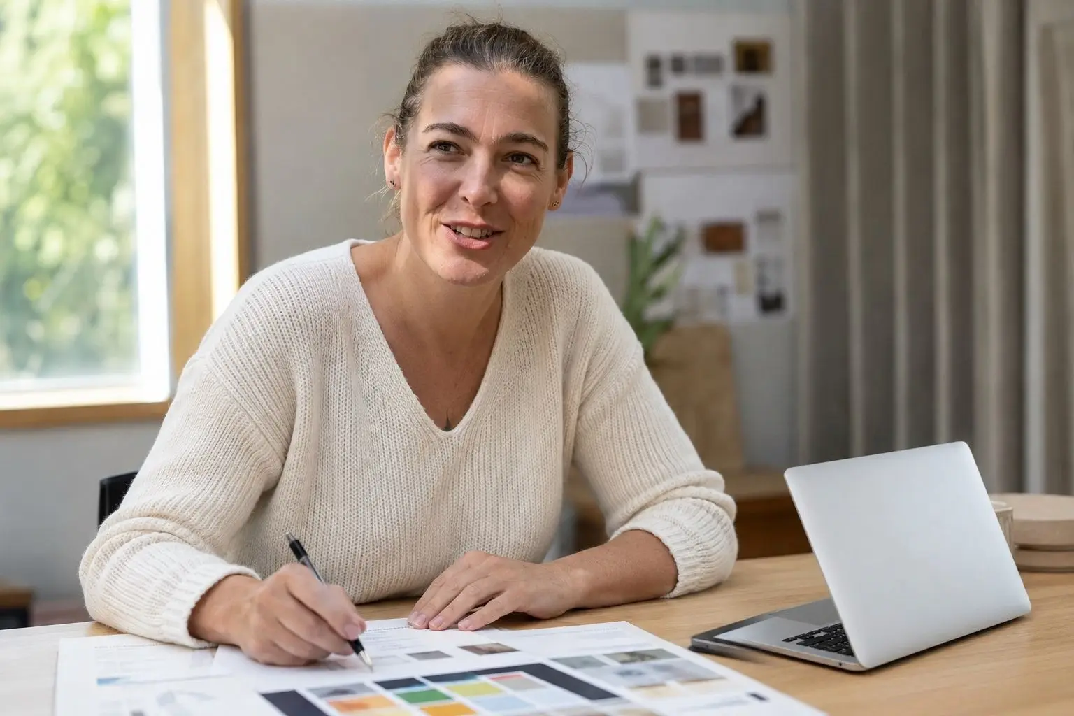 Diana am Schreibtisch mit Unterlagen und Laptop